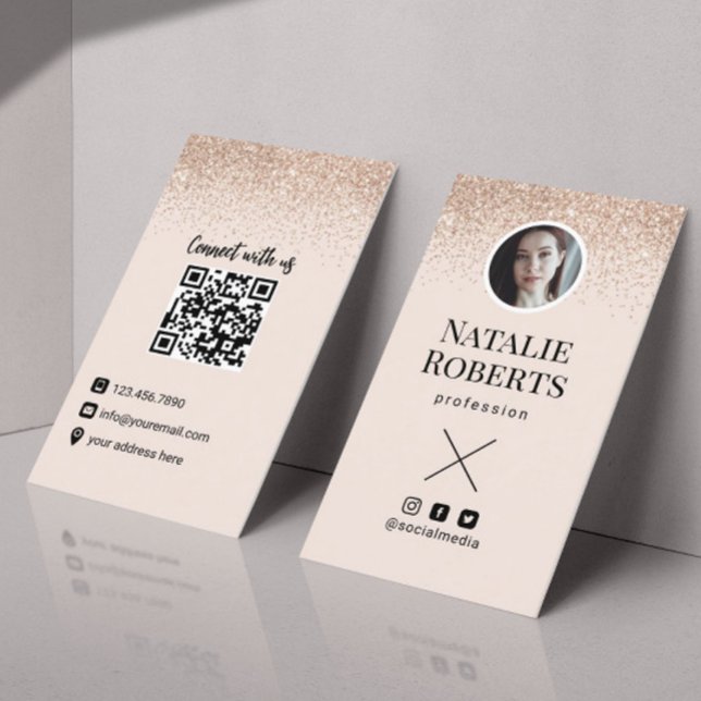 Social Media Blush Pink QR Code Add your Photo Business Card (Creator Uploaded)