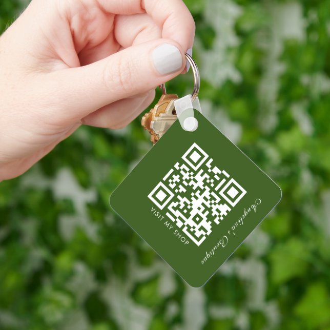 Social Media Business Logo QR Code Green Stripes Key Ring (Hand)