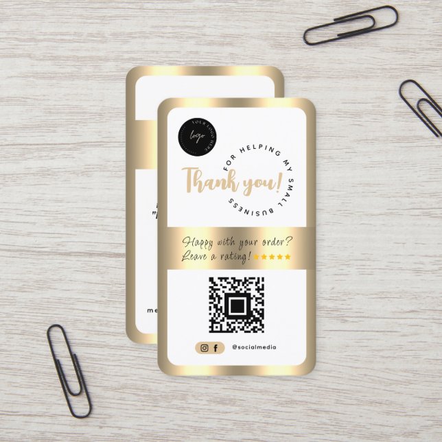 Social Media Business QR Code Logo Thank You Gold Business Card (Front/Back In Situ)