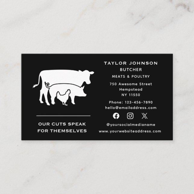 Social Media Butcher Meat Market Cow Pig Chicken Business Card (Front)