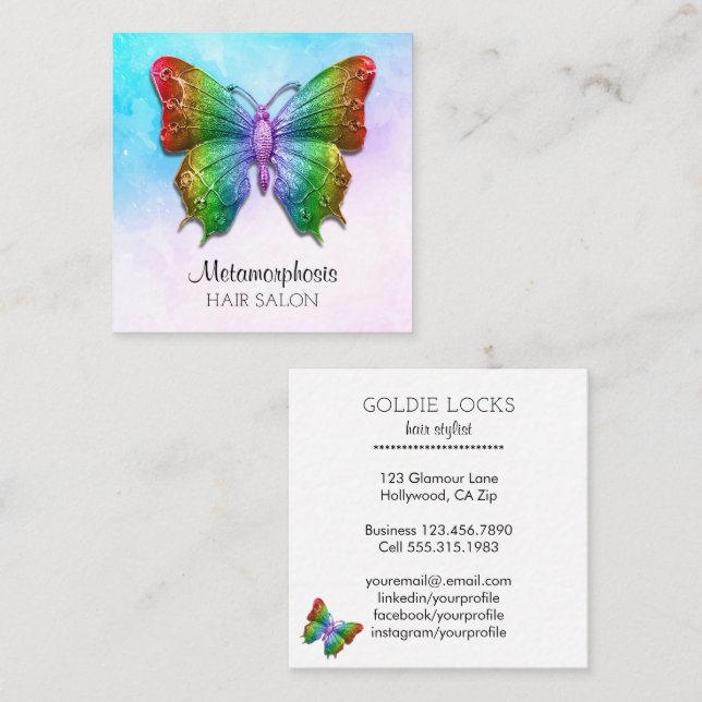 Social Media Butterfly Rainbow Colours Square Business Card (Front/Back)
