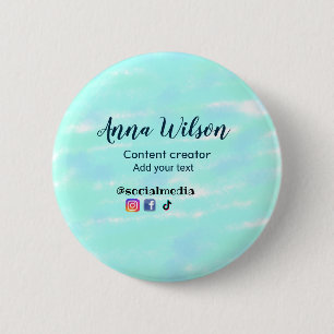 Social media content creator blue green add name t 6 cm round badge