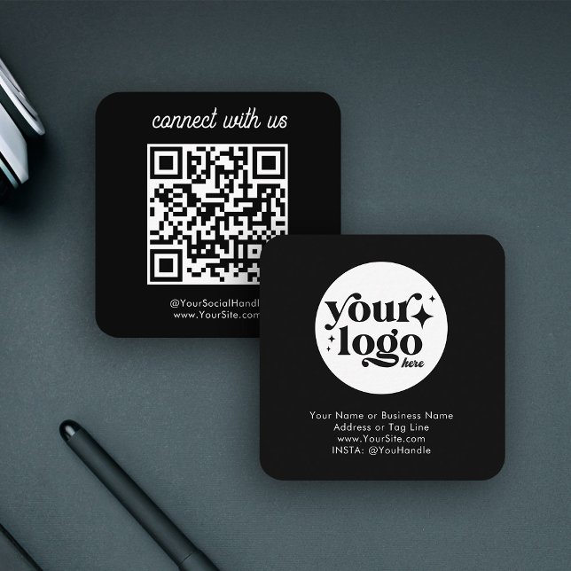 Social Media Custom Logo QR Code Black Simple Square Business Card (Social Media connections make easy!)