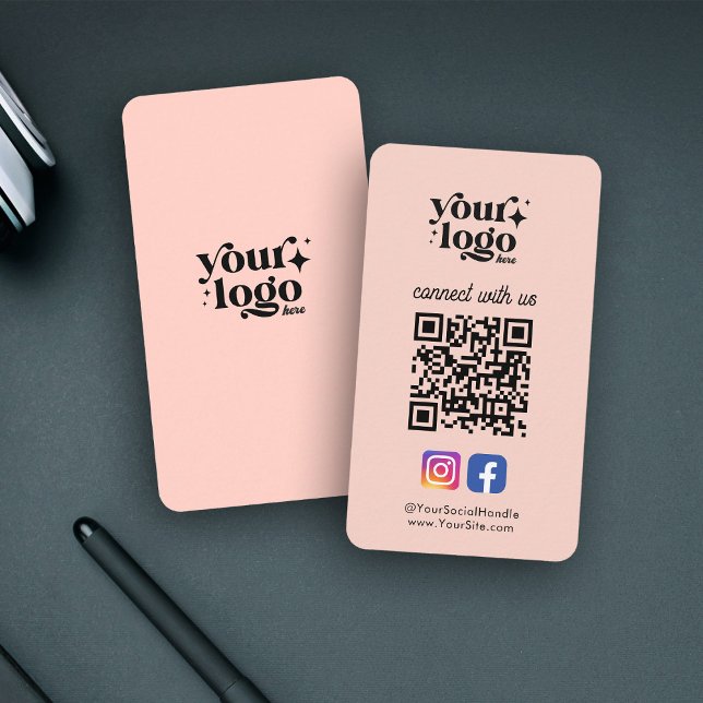 Social Media Custom Logo QR Code Peach Blush Bold Business Card (Social media networking made easy!)