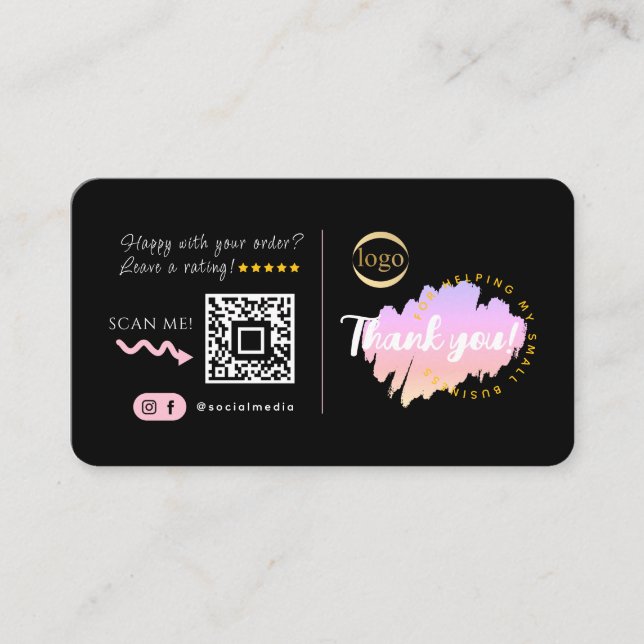 Social Media Custom QR Code Logo Thank You Black Business Card (Front)