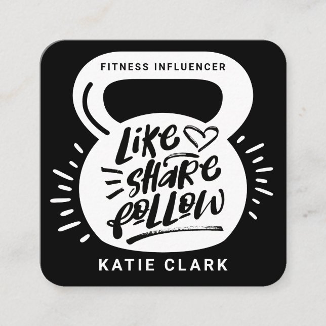Social Media Fitness Influencer Kettlebell Black Square Business Card (Front)