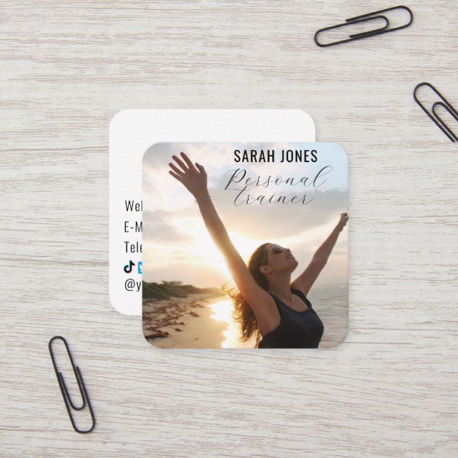 Social Media Fitness Personal Trainer Influencer Square Business Card (Front/Back In Situ)