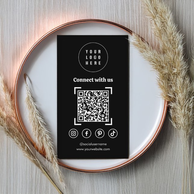 Social Media Icons QR Code Black Business Card (A modern black card with a QR code, social media icons, and website address)