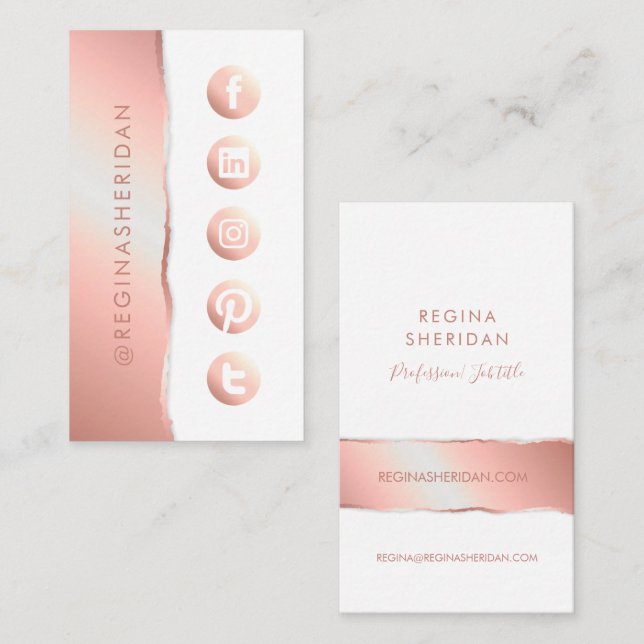 Social media icons rose gold modern elegant luxury business card (Front/Back)