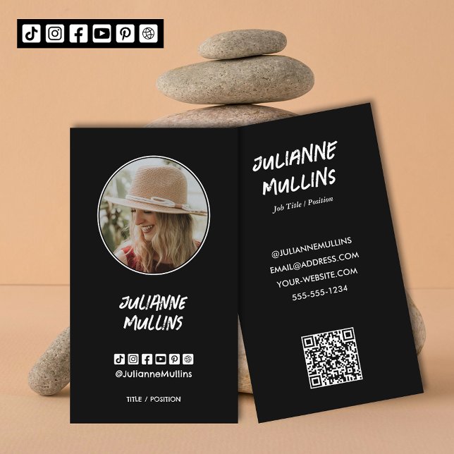 Social Media Influencer QR Code Business Card (Social media influencer, content creator photo business cards with QR Code and 6 media icons)