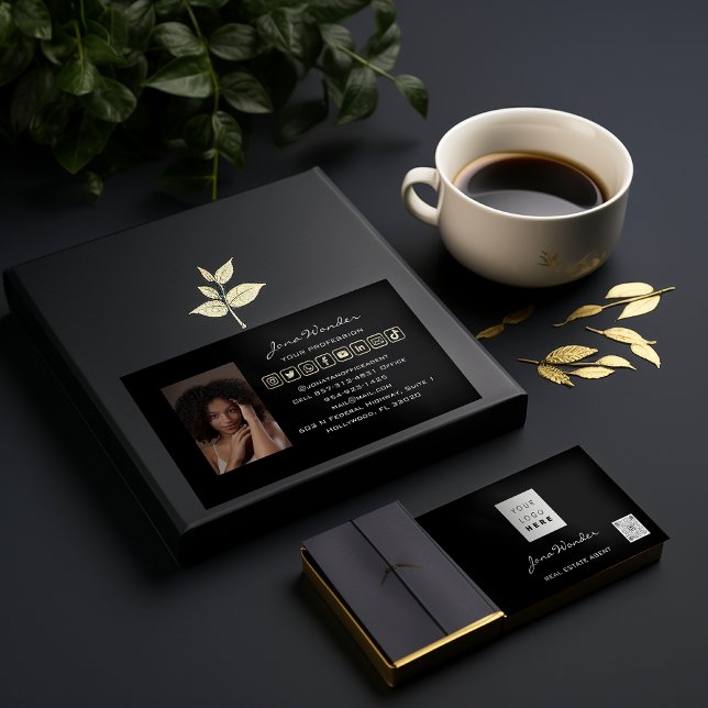 Social Media Logo Photo QR Code Makeup Black Gold Business Card (Creator Uploaded)