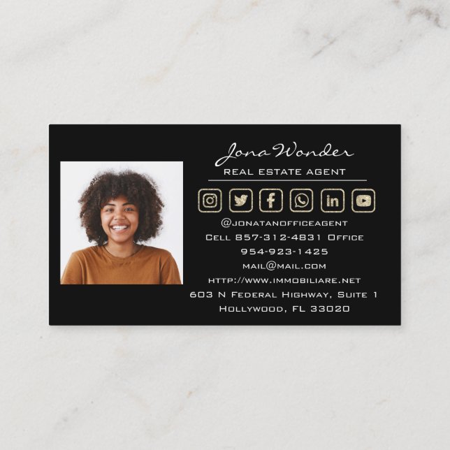 Social Media Logo Real Estate Agent Photo Black Business Card (Back)