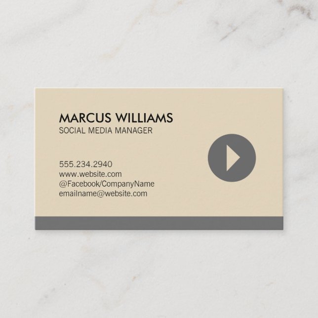 Social Media Manager Play Icon (grey) Business Card (Front)