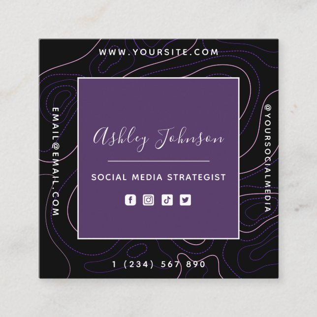 Social Media Manager QR Code Abstract Lines Purple Square Business Card (Front)