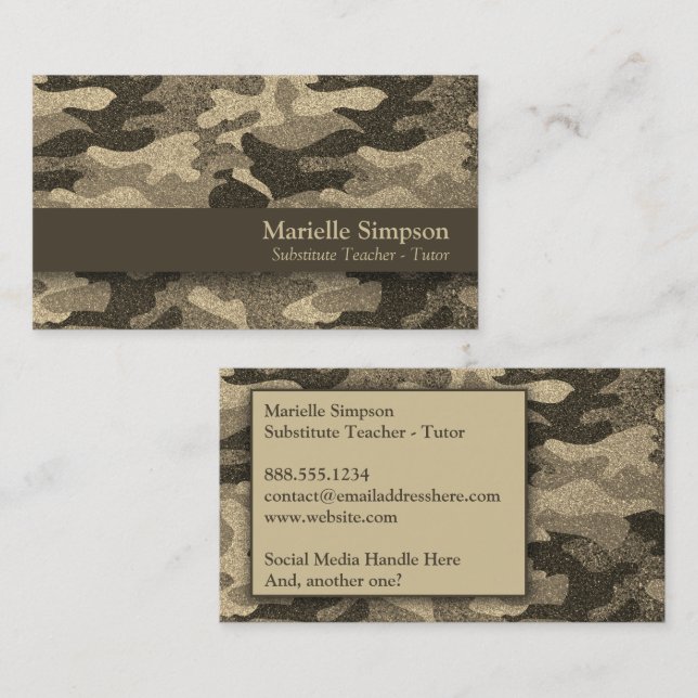 Social Media Military Wife Camouflage Gold Glitter Business Card (Front/Back)
