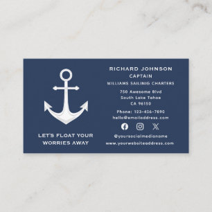 Social Media Nautical Blue White Anchor Boat Yacht Business Card