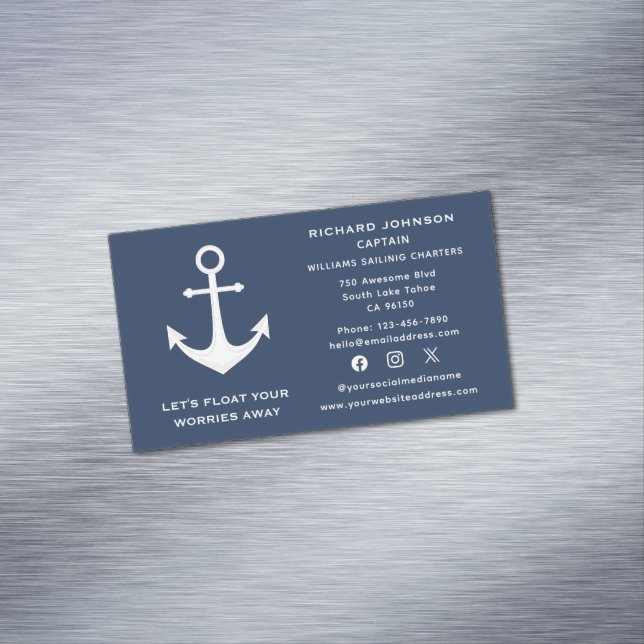 Social Media Nautical Blue White Anchor Boat Yacht Magnetic Business Card (In Situ)