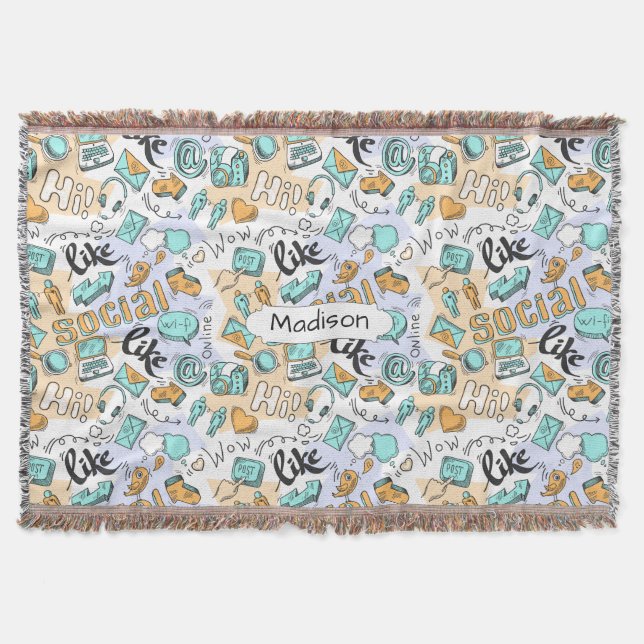Social Media Pattern custom name throw blanket (Front)