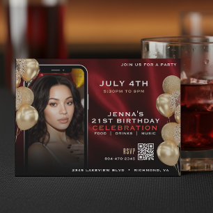 Social Media Photo Flyer Red & Gold 21st Birthday Invitation
