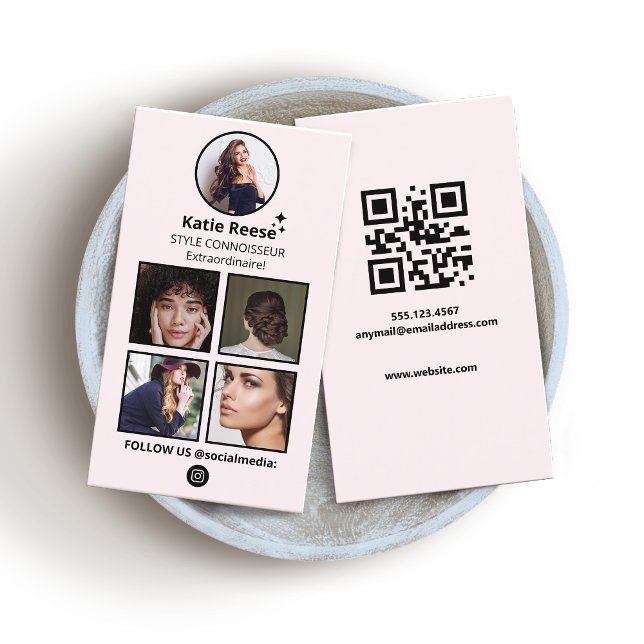 Social Media, Pink Instagram Photo  Business Card (Pink Social Media, 4 Photo Grid, QR Code)