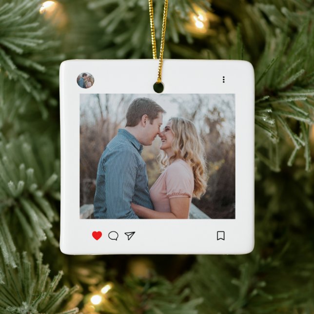 Social Media Post Style Photo and Name Couple  Ceramic Ornament (Tree)