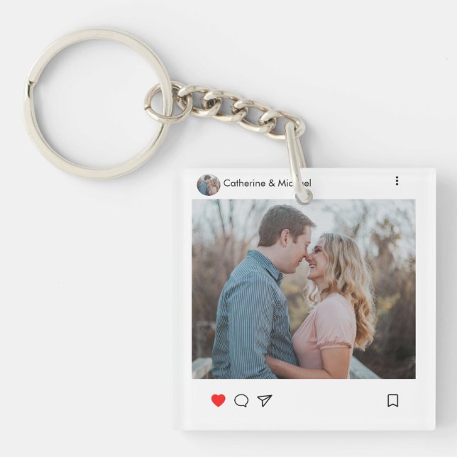 Social Media Post Style Photo and Name Couple  Key Ring (Front)