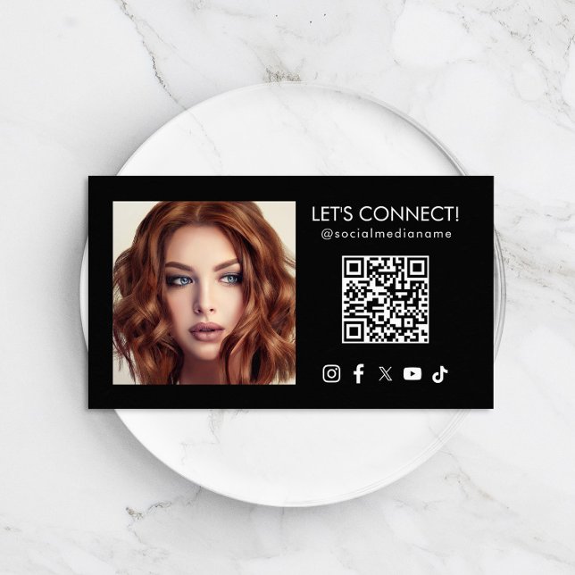 Social Media QR Code Add Photo Black Business Card (Creator Uploaded)