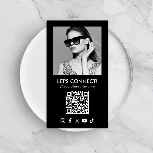 Social Media QR Code Add Photo Black Vertical Business Card (Creator Uploaded)