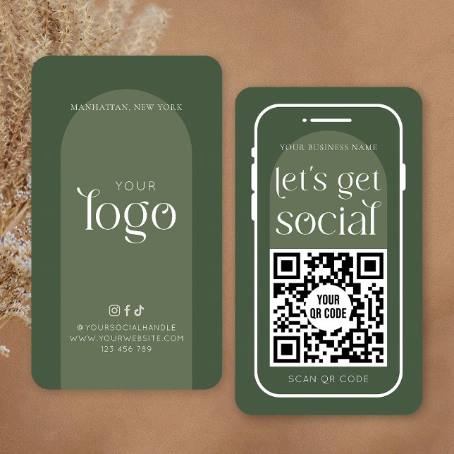 Social Media QR Code Boho Sage Green Modern Logo Business Card (Modern sage green QR code business cards with your logo and scannable URL code)