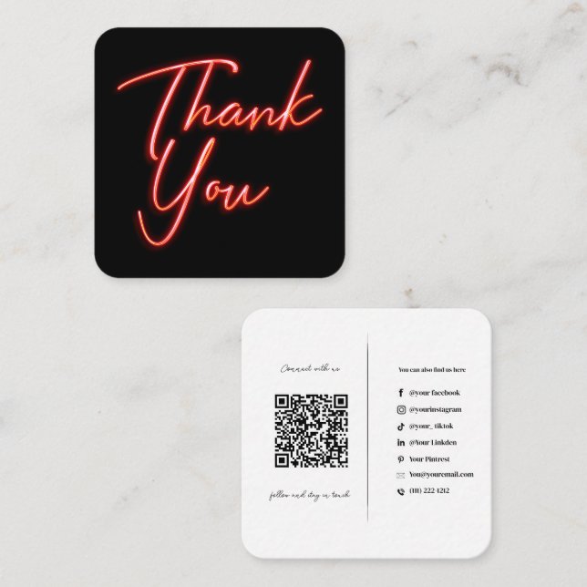 Social Media QR Code Business Neon Red Thank You Square Business Card (Front/Back)