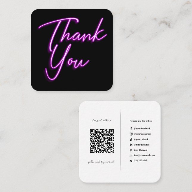 Social Media QR Code Business Purple Thank You Square Business Card (Front/Back)
