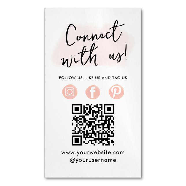 Social Media QR Code Connect With Us Modern Pink Magnetic Business Card (Front Vertical)