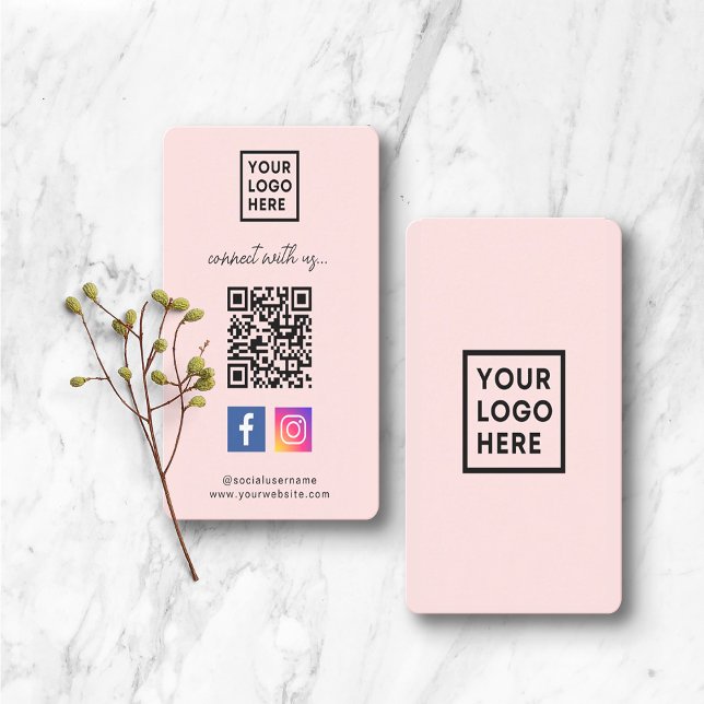 Social Media QR Code Connect with us Pink Business Card (Creator Uploaded)