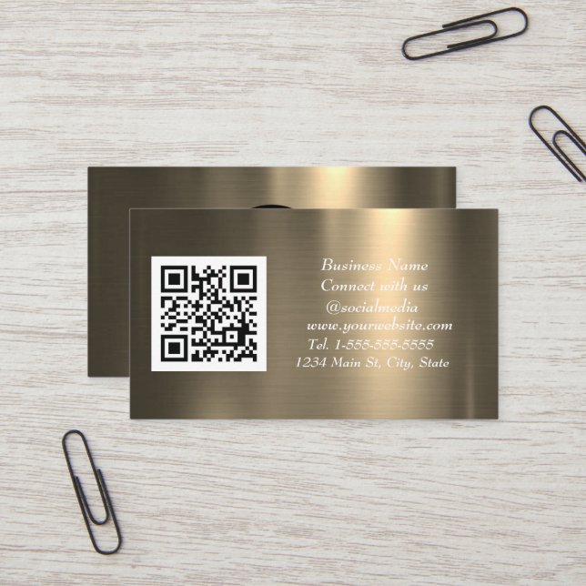Social media QR Code Copper Gold Metallic  Business Card (Front/Back In Situ)