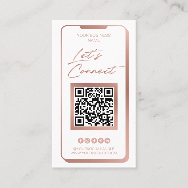 Social Media QR Code Feminine Modern Rose Gold Bus Business Card (Front)