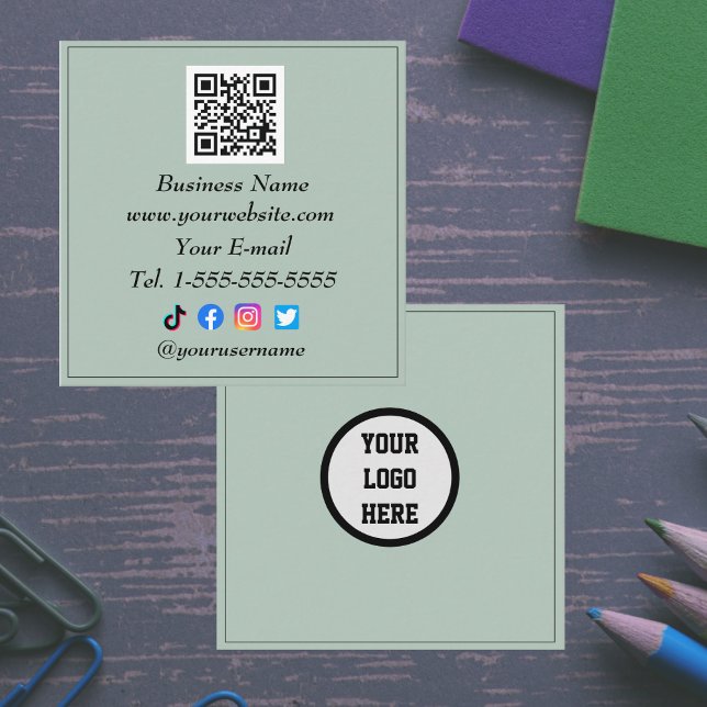 Social media QR Code Logo Influencer Sage Green Square Business Card (Creator Uploaded)