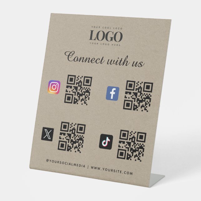 Social Media Qr Code Logo Twitter Facebook Kraft Pedestal Sign (Front)