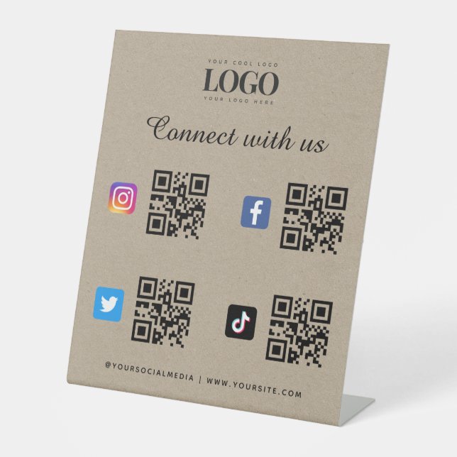Social Media Qr Code Logo Twitter Facebook Kraft Pedestal Sign (Front)