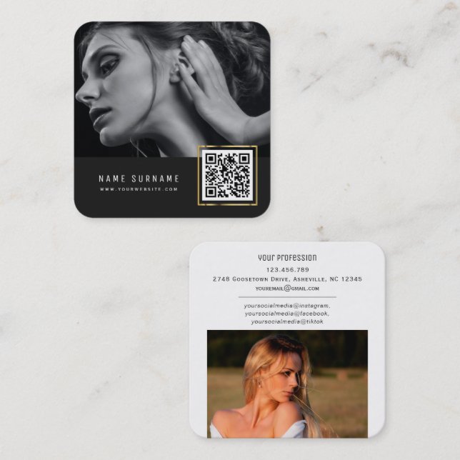 Social media QR code modern chic photos Square Business Card (Front/Back)