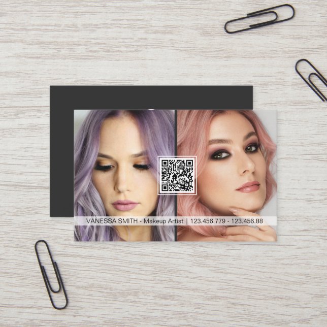 Social media QR code modern makeup artist photo Bu Business Card (Front/Back In Situ)