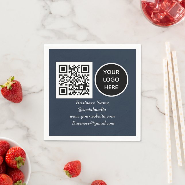 Social media QR Code navy Modern Business Logo Napkin (Insitu)