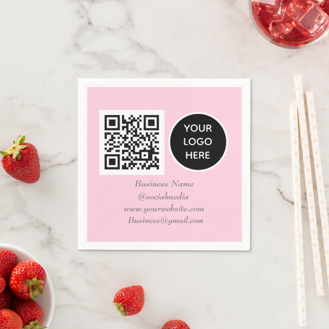 Social media QR Code Pink Modern Business Logo Napkin (Insitu)