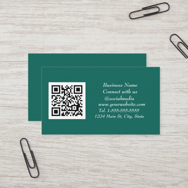 Social media QR Code Scannable Emerald Green  Business Card (Front/Back In Situ)