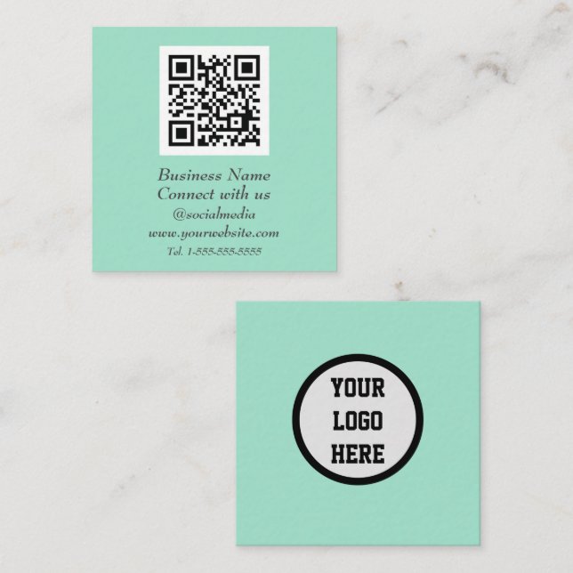 Social media QR Code Scannable Mint Green Square Business Card (Front/Back)