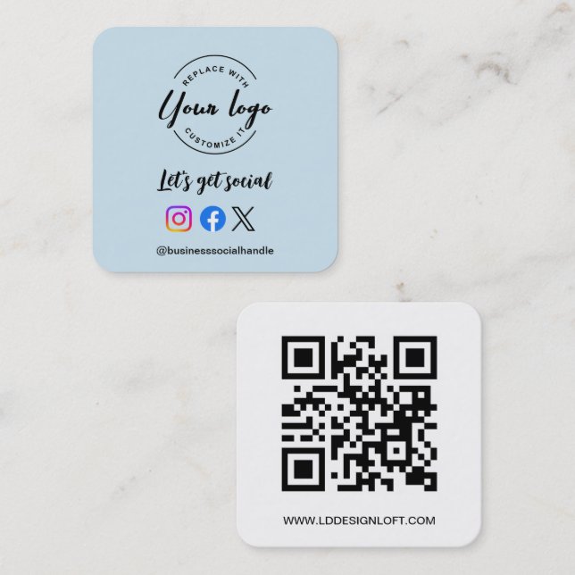 Social Media QR code website Custom logo blue Square Business Card (Front/Back)