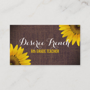 Social Media Rustic Sunflowers Burlap Teacher Business Card