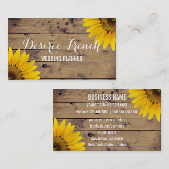 Social Media | Rustic Sunflowers Wedding Planner Business Card (Front/Back)