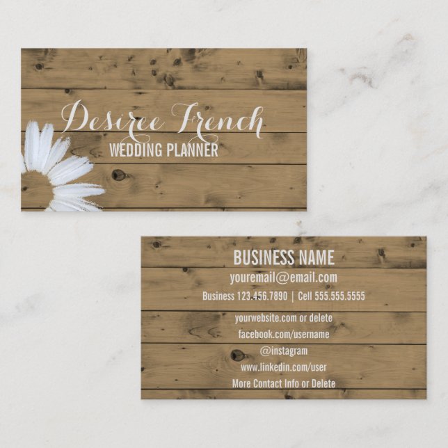 Social Media | Rustic Wood Daisy Wedding Planner Business Card (Front/Back)