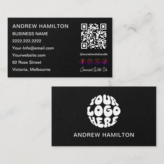 Social Media Scannable QR Code Logo Custom Black Business Card (Front/Back)