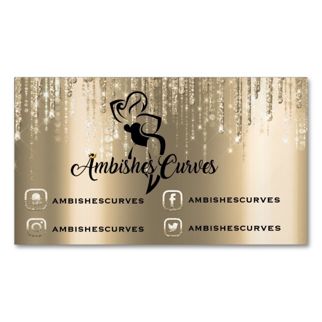 Social Media Sepia Gold Drips Logo Metal Magnetic Business Card (Front)